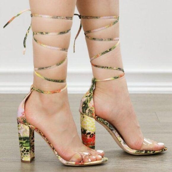Ankle Strap High Heel Pump Sandal Spring Snake Laced-up Leg Tie Clear Toe Band - Picture 1 of 8